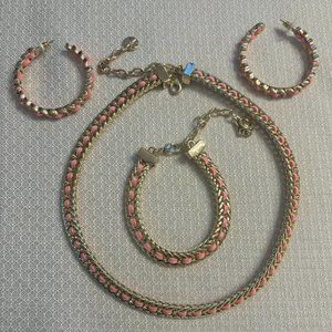 Gold/pink leather necklace, earring & bracelet set
